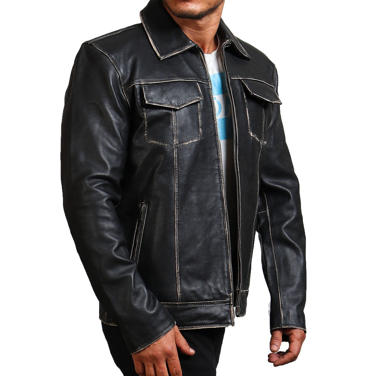 Black Trucker Leather Jacket for Men