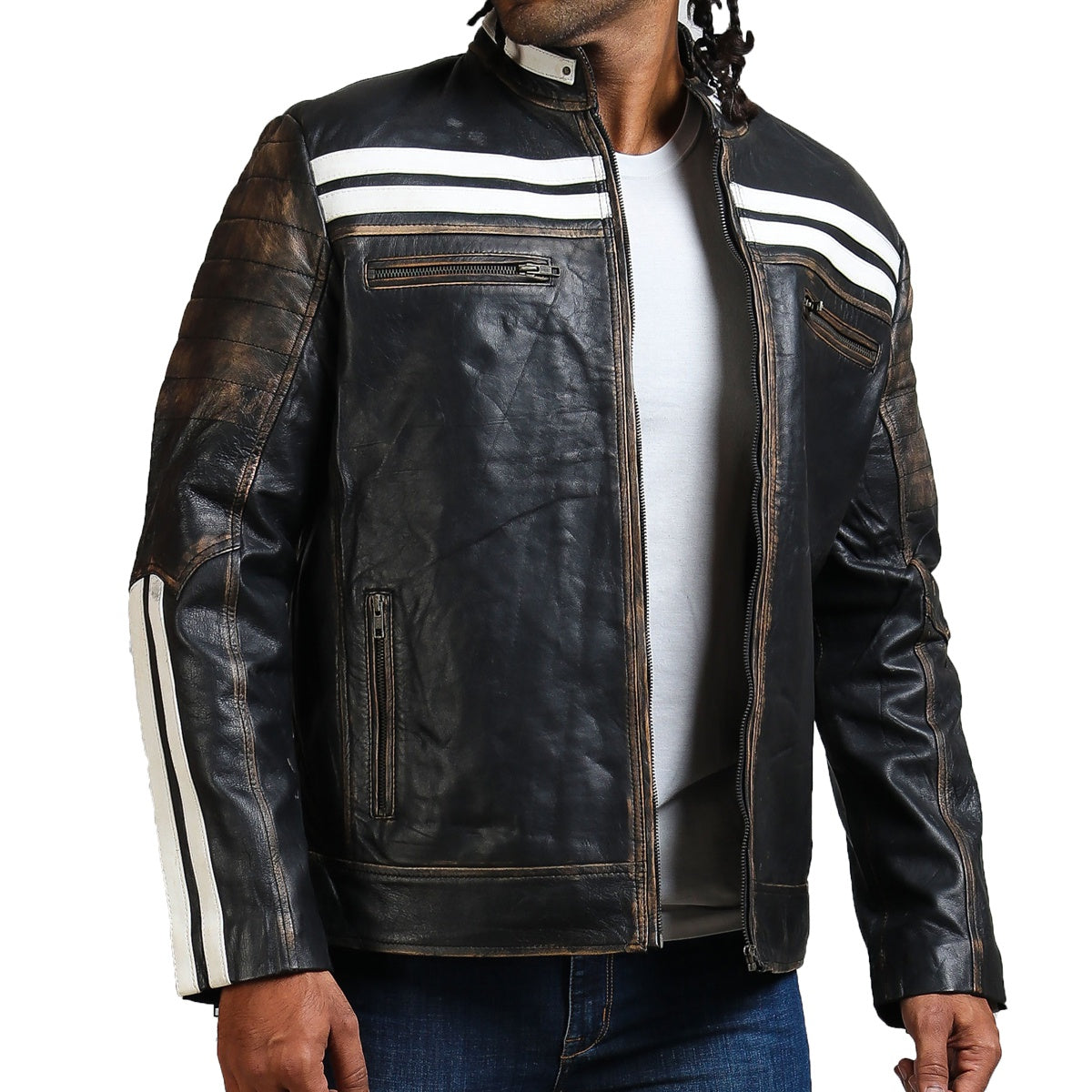 White Stripe Black Leather Jacket
