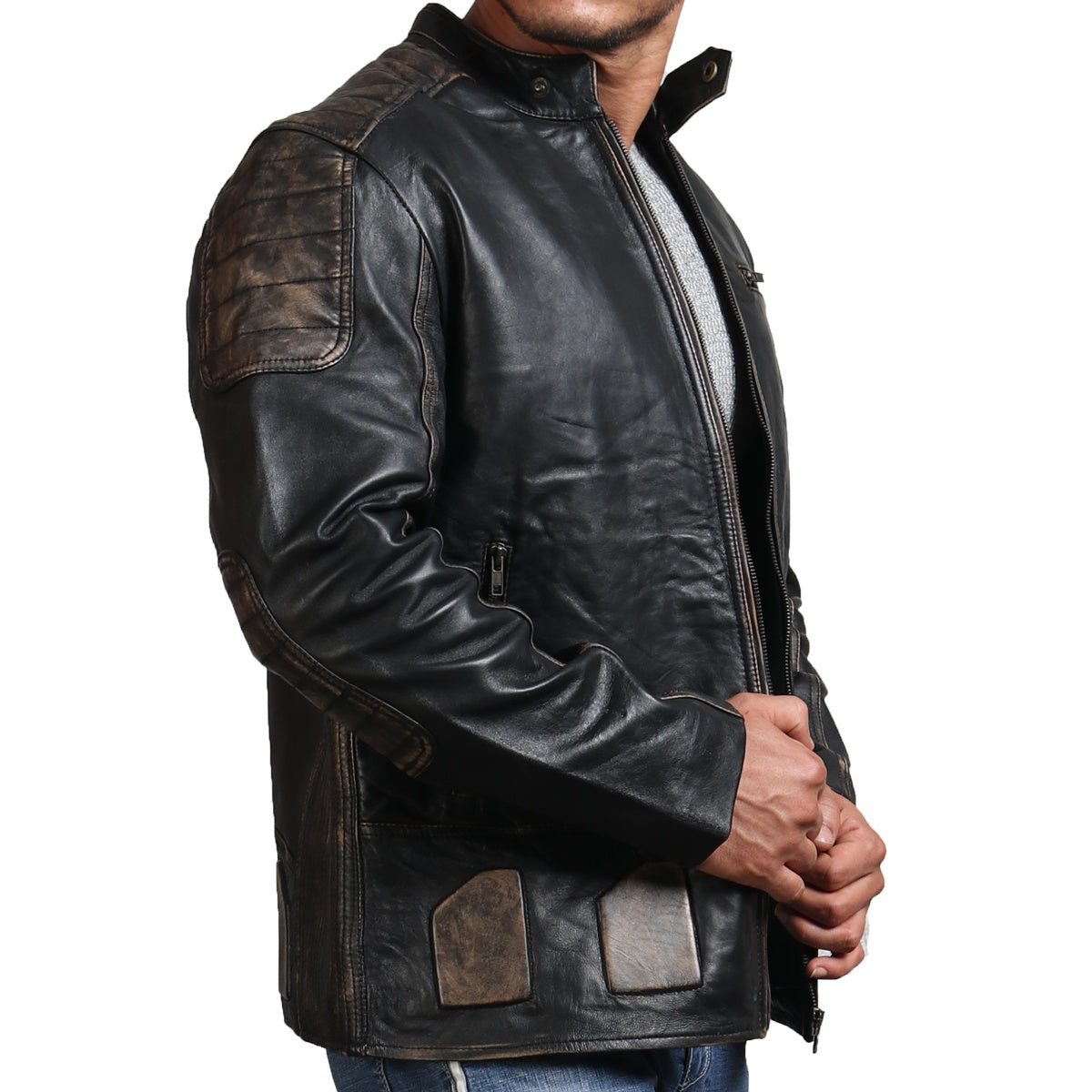 Distressed black outlet leather jacket