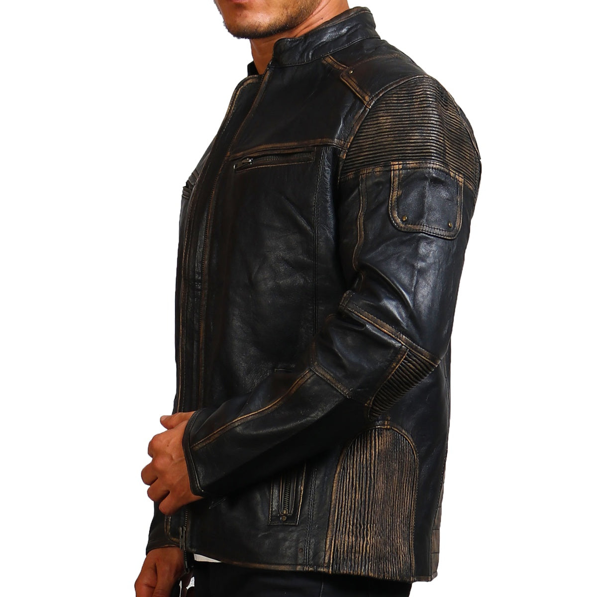 Black Distressed Motorcycle leather Jacker 