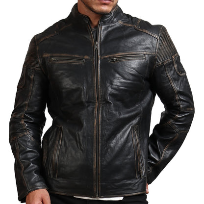 Black Distressed Leather Biker Jacket