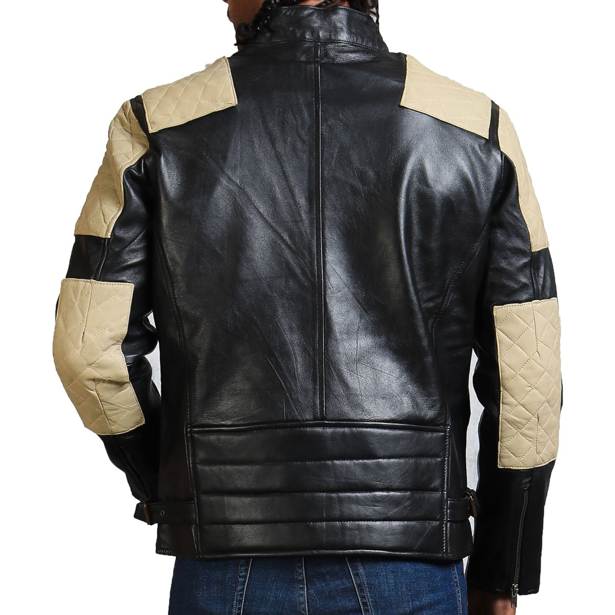 Black Motorcycle Jacket With White Quilted Patches