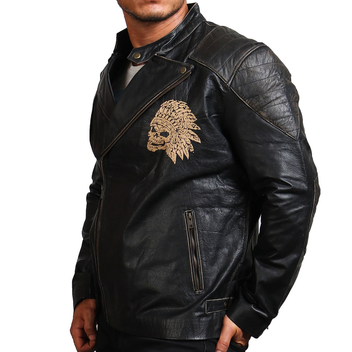 Indian Skull Biker Leather Jacket - Skull Headdress Motorcycle