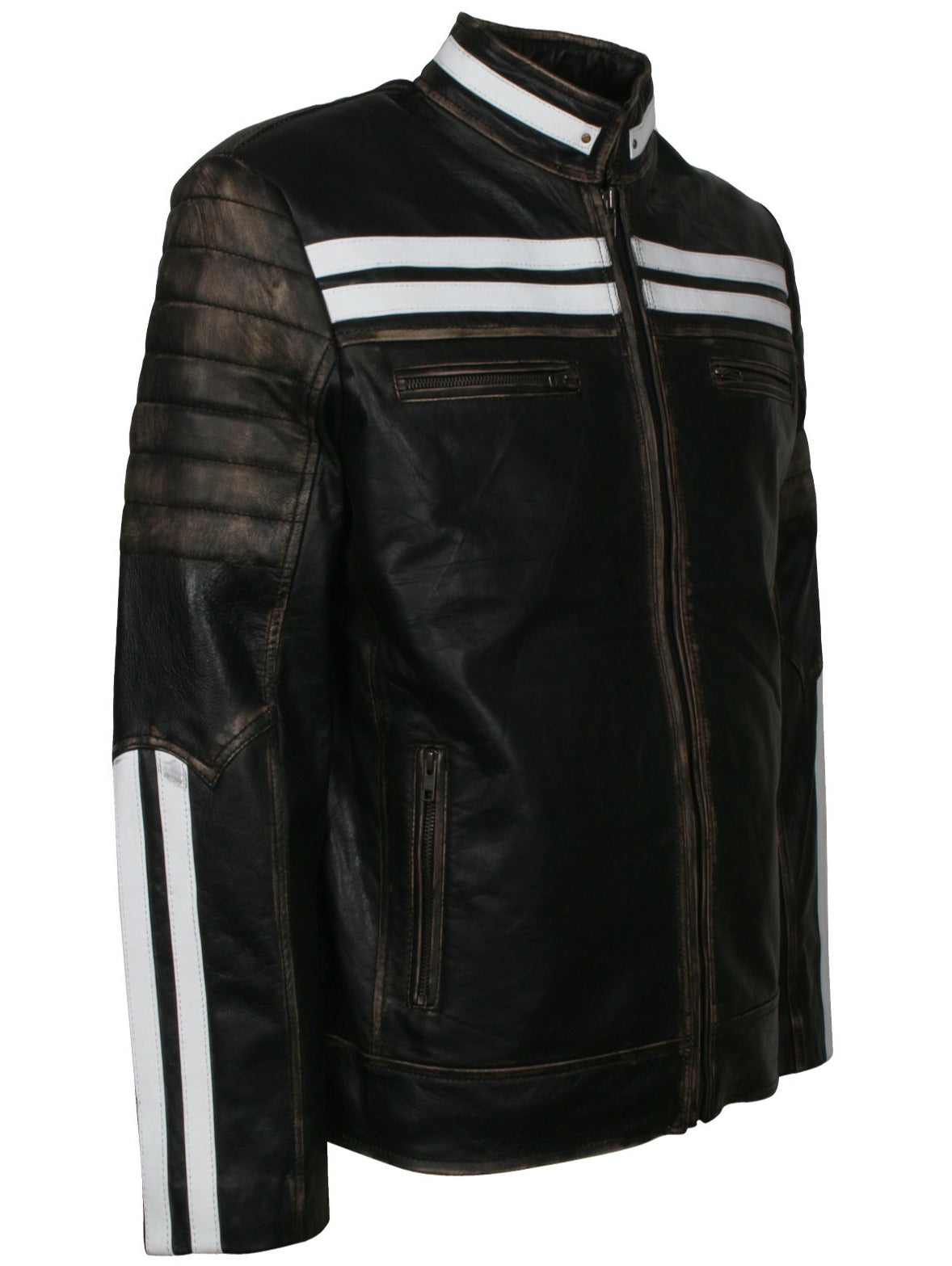 Leather jacket with hot sale white stripes