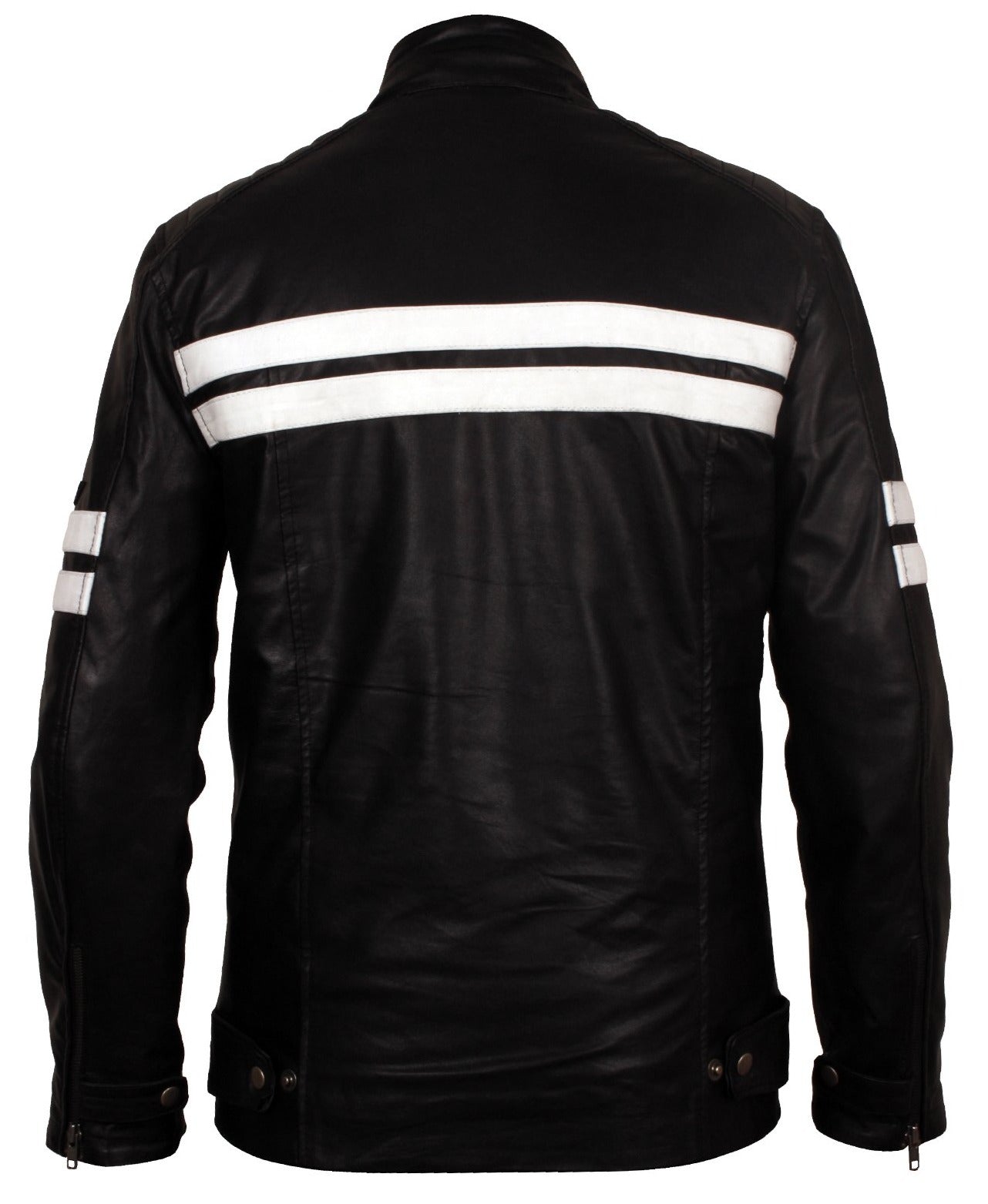 Men's Biker Black Leather Jacket with White stripes AlexGear
