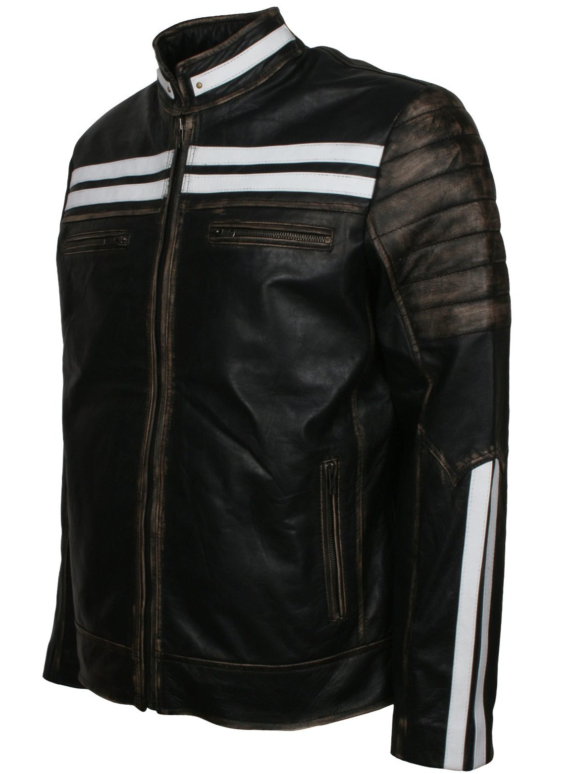 Black Leather Jacket with White Stripes