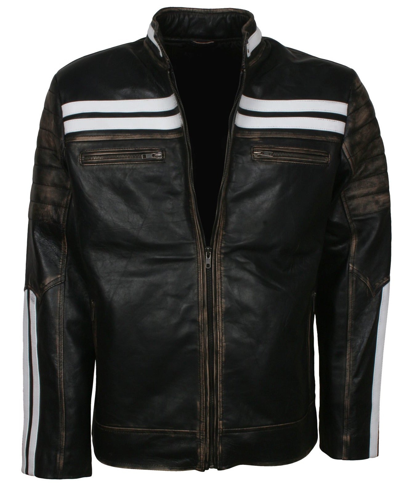 Distressed Black Leather Jacket With White Stripes AlexGear