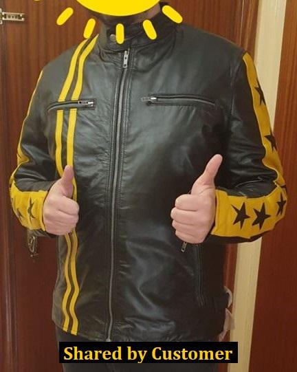 Black and yellow star stripes genuine leather jacket