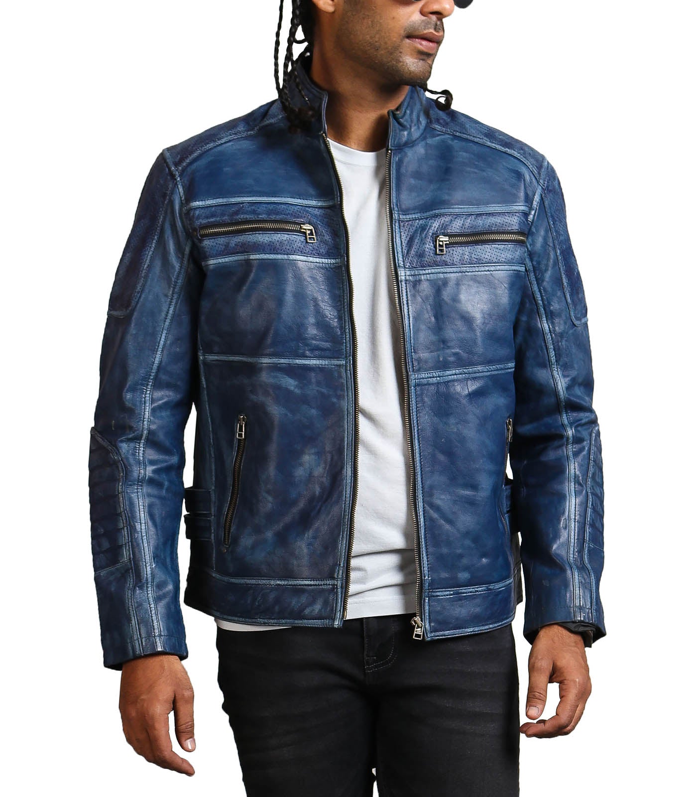 Motorcycle Leather Blue Jacket for Mens Winter Fashion