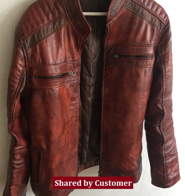 Brown Leather moto cafe racer genuine leather jacket hand waxed customer review