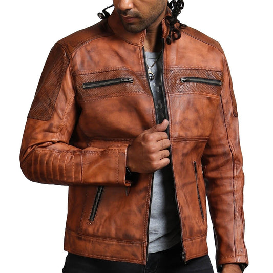 Perforated Brown Biker Leather Jacket