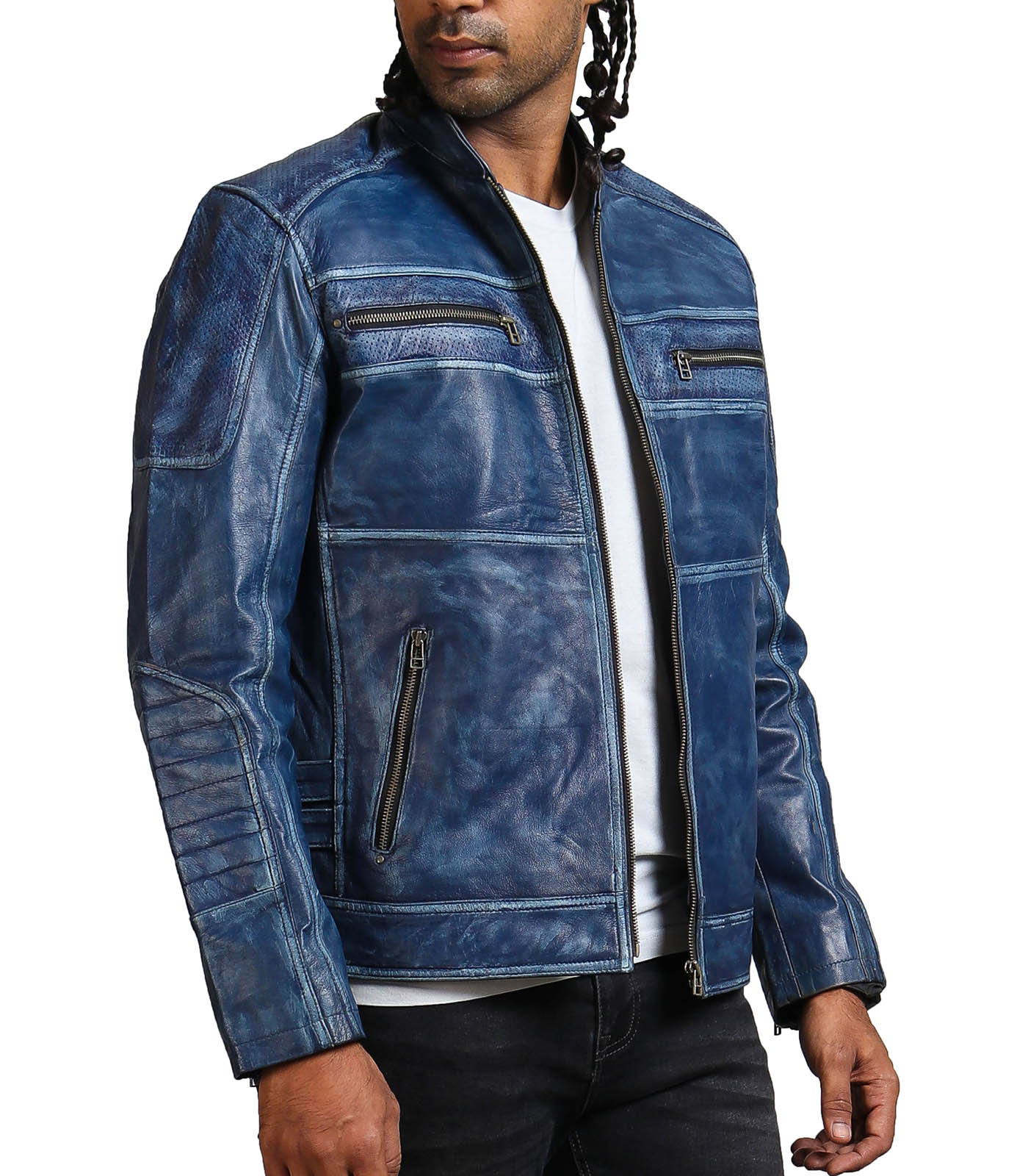 Navy Blue Leather Sport Biker Jacket - Mens Fashion in Texas