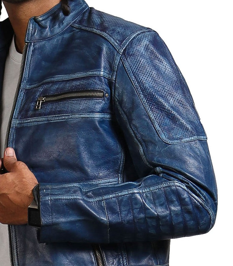 Navy Blue Leather Sport Biker Jacket - Mens Fashion in Texas