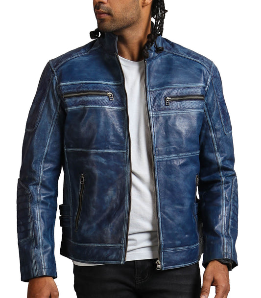 Real Leather Blue Biker Jacket