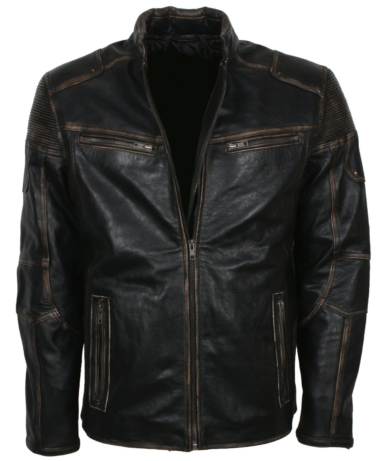 FZ Men's Vintage Cafe Racer Motorcycle Jacket – Distressed Black Real Leather