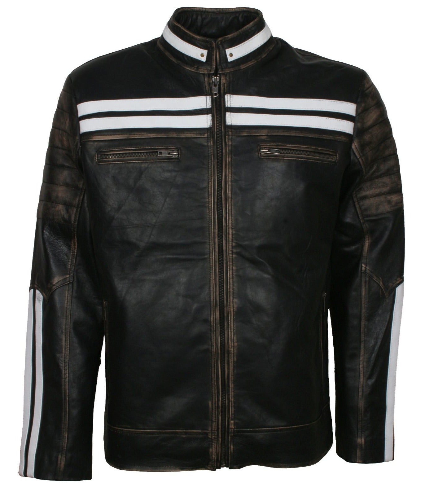 Distressed Leather Jacket With White Stripes