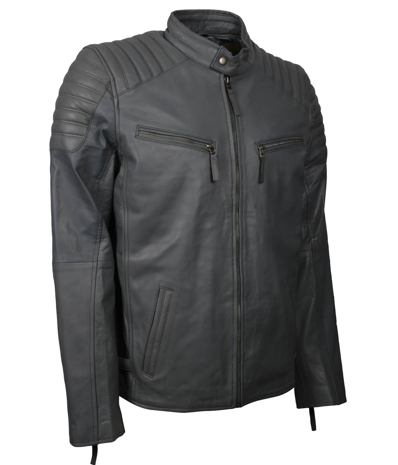 Grey Leather Biker Jacket Mens