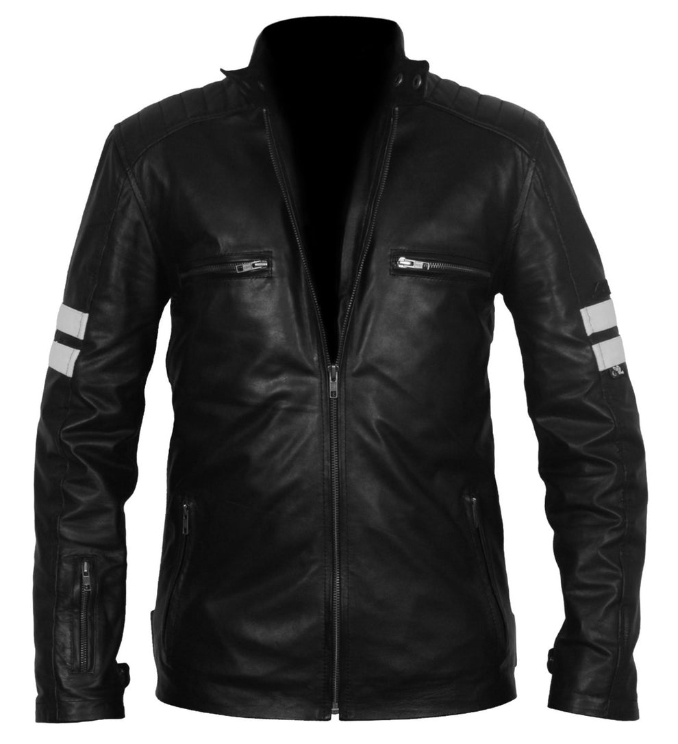 Men's Biker Black Leather Jacket with White stripes AlexGear