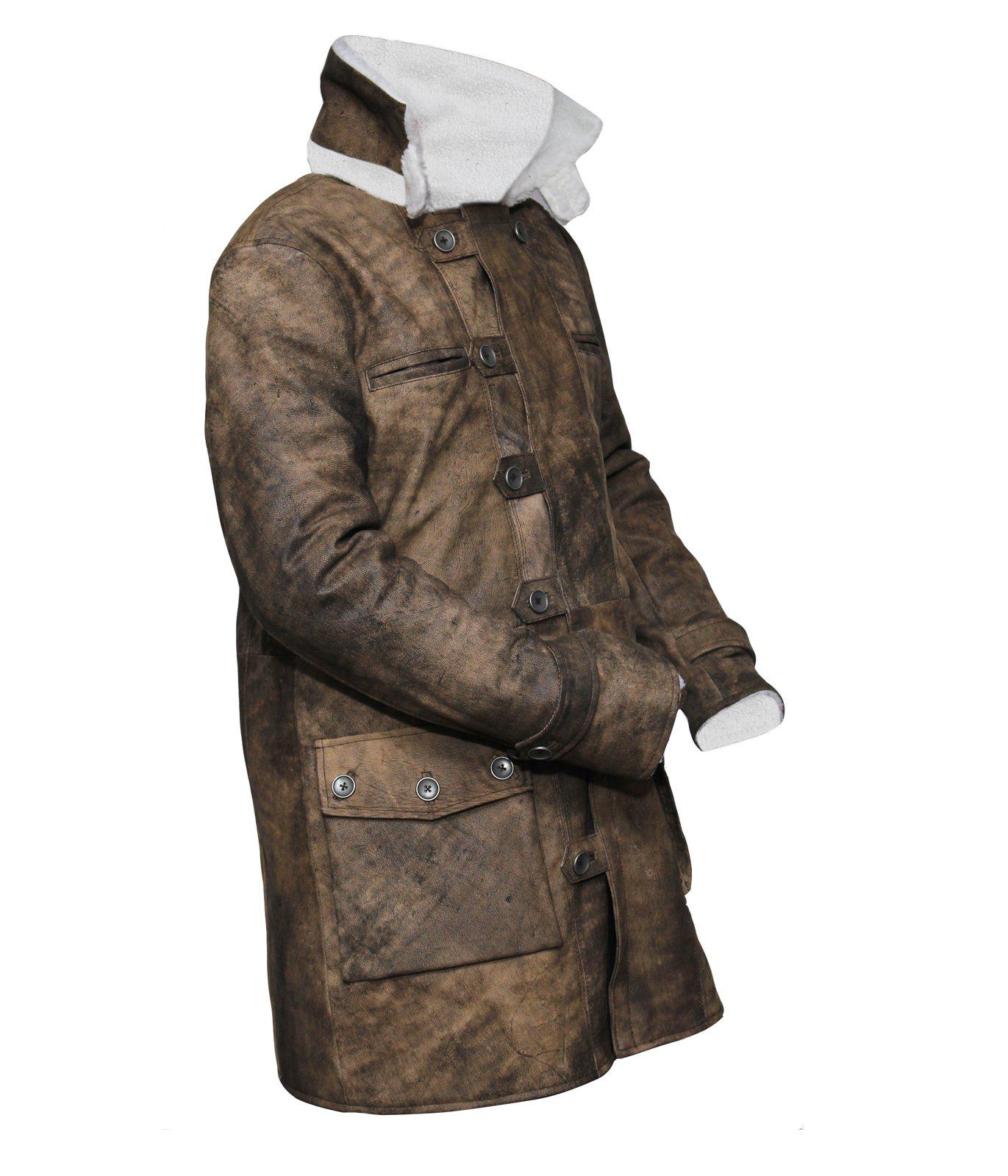 Men's Batman The Dark Knight Rises Tom Hardy Bane Distressed Leather Coat Fur Lined Brown