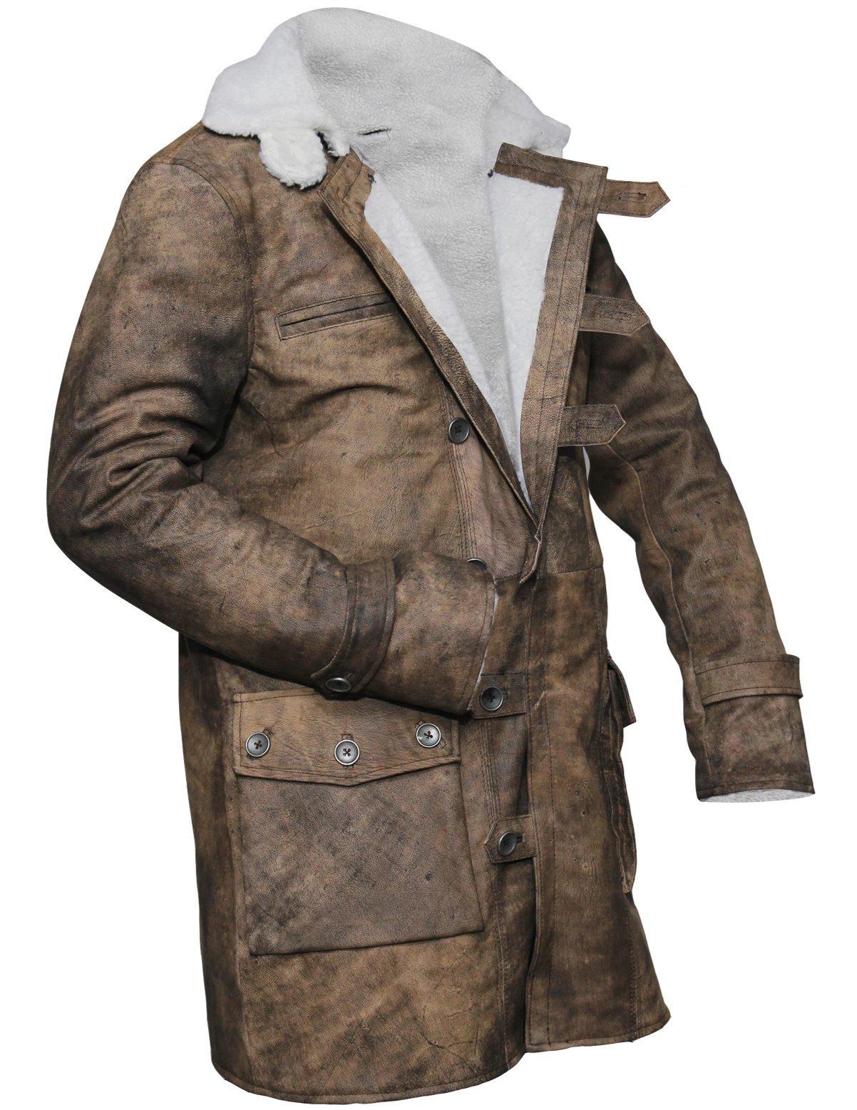 Men's Batman The Dark Knight Rises Tom Hardy Bane Distressed Brown Leather Coat Fur LIned