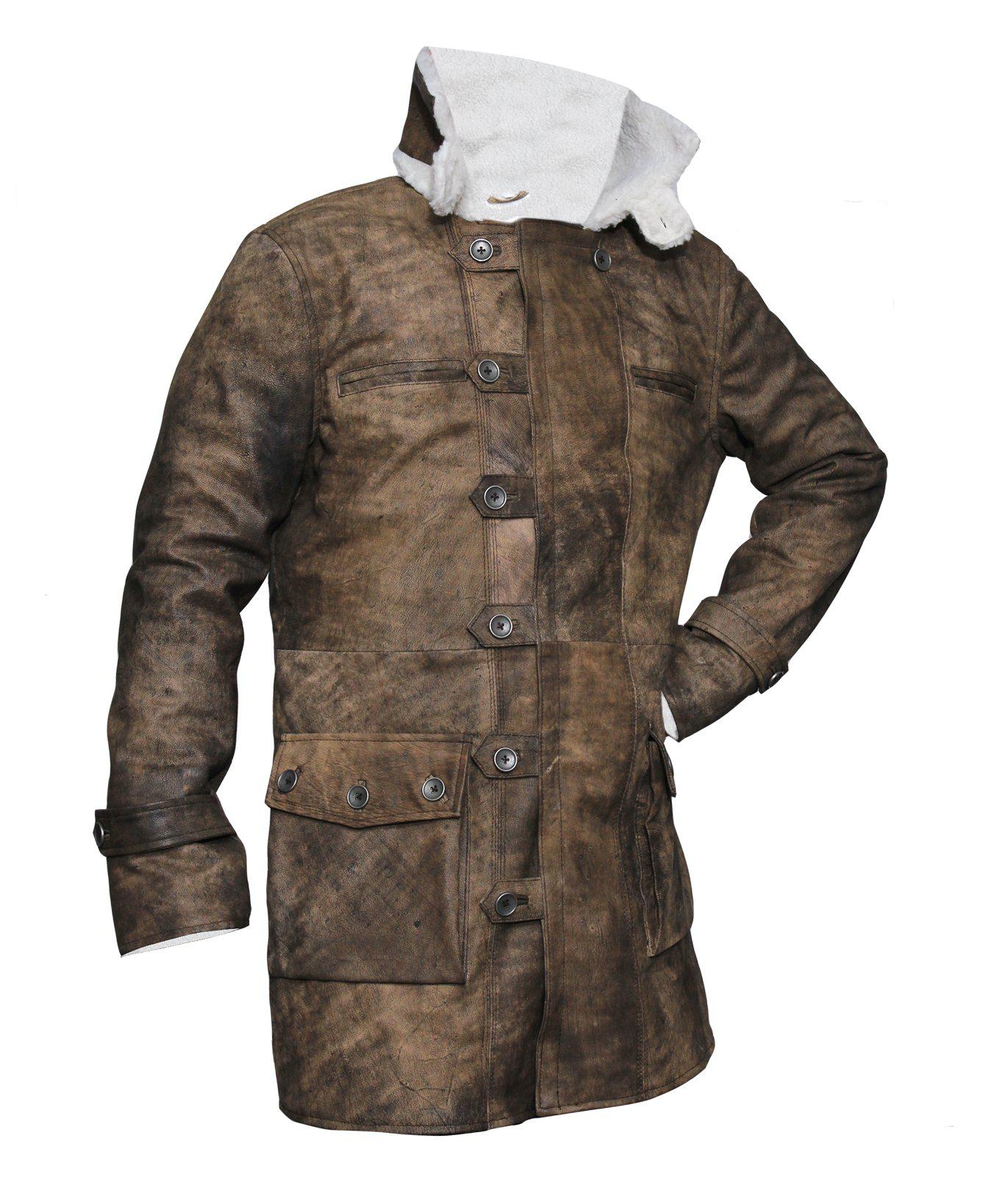Men's The Dark Knight Rises Tom Hardy Bane Distressed Brown Leather Coat Fur Lined