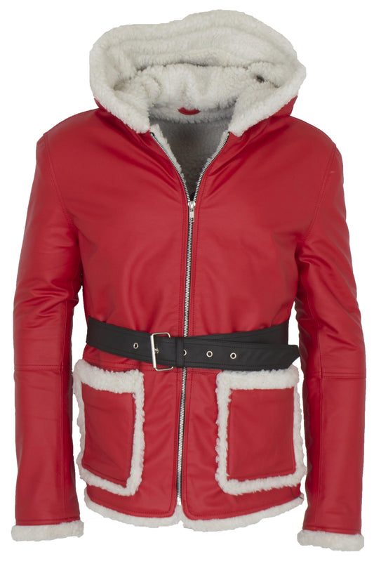 Men's Santa Claus Winter Christmas Hooded Fur Lined Red Leather Coat
