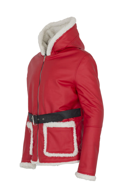 Men's Santa Claus Winter Christmas Hooded Fur Lined Red Leather Coat