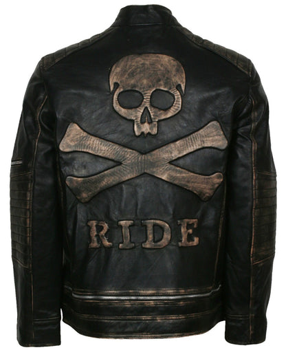 Mens Biker Skull Leather Jacket Distressed Leather