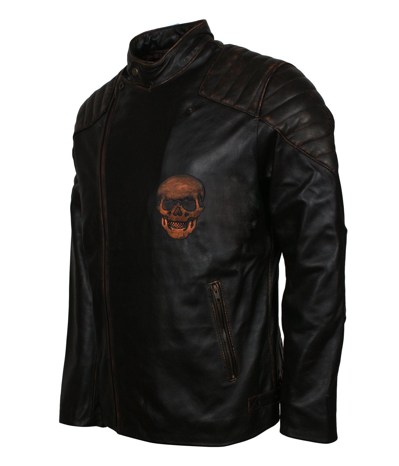 Black Embossed Skull Biker Leather Jacket