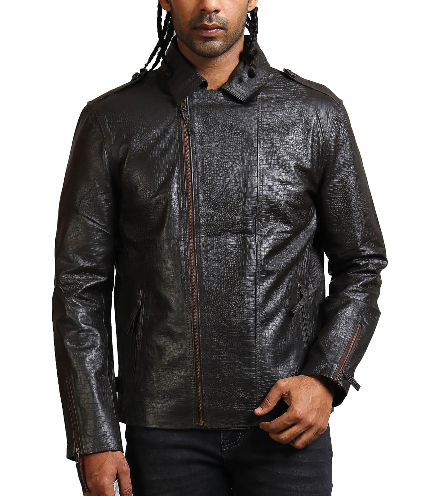 Black Textured Biker Leather Jacket