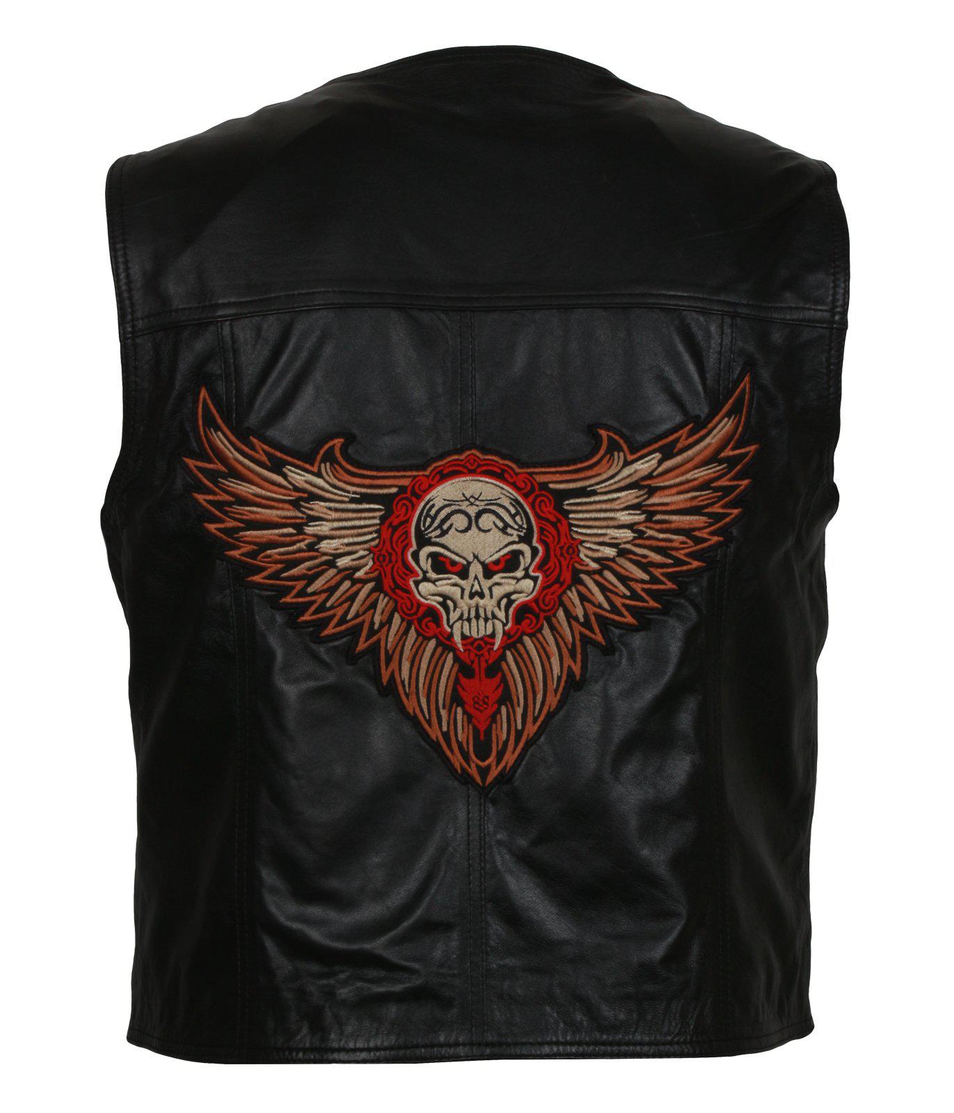 The Warriors Men Skull Fire Wings Embroidered Black Motorcycle Leather Vest