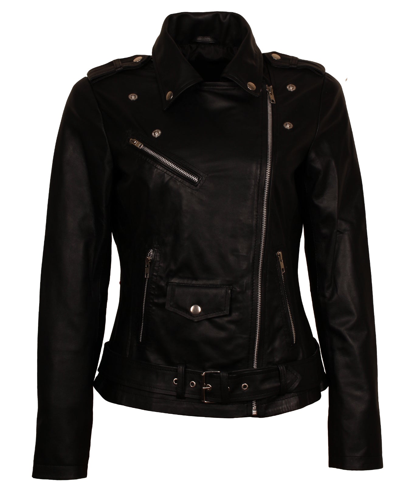 Black Belted Leather Jacket Women Bikers