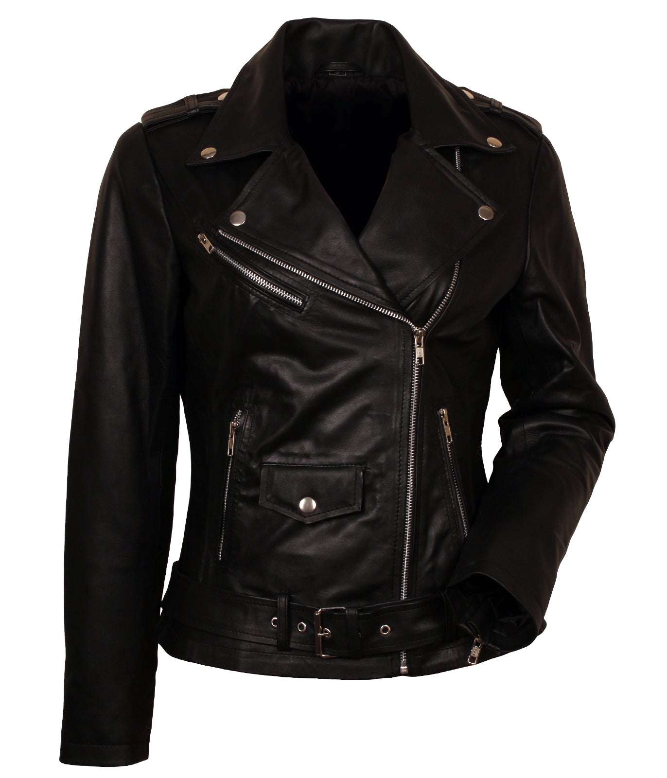 Black Belted Leather Jacket Women Bikers