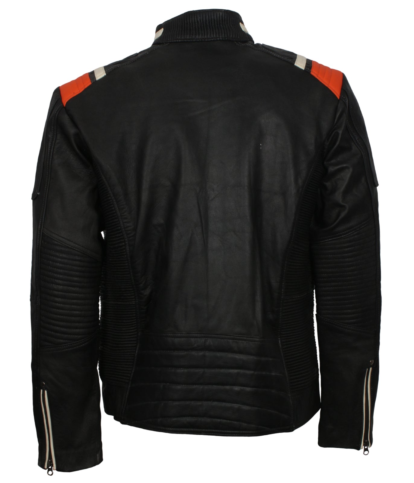 MDM Men's Retro Grey Cowhide Leather Motorcycle Jacket – Striped Biker Style