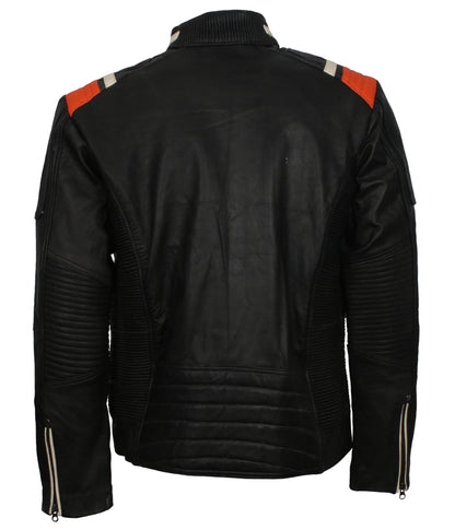 Black Retro Men's Biker Leather Jacket with Stripes