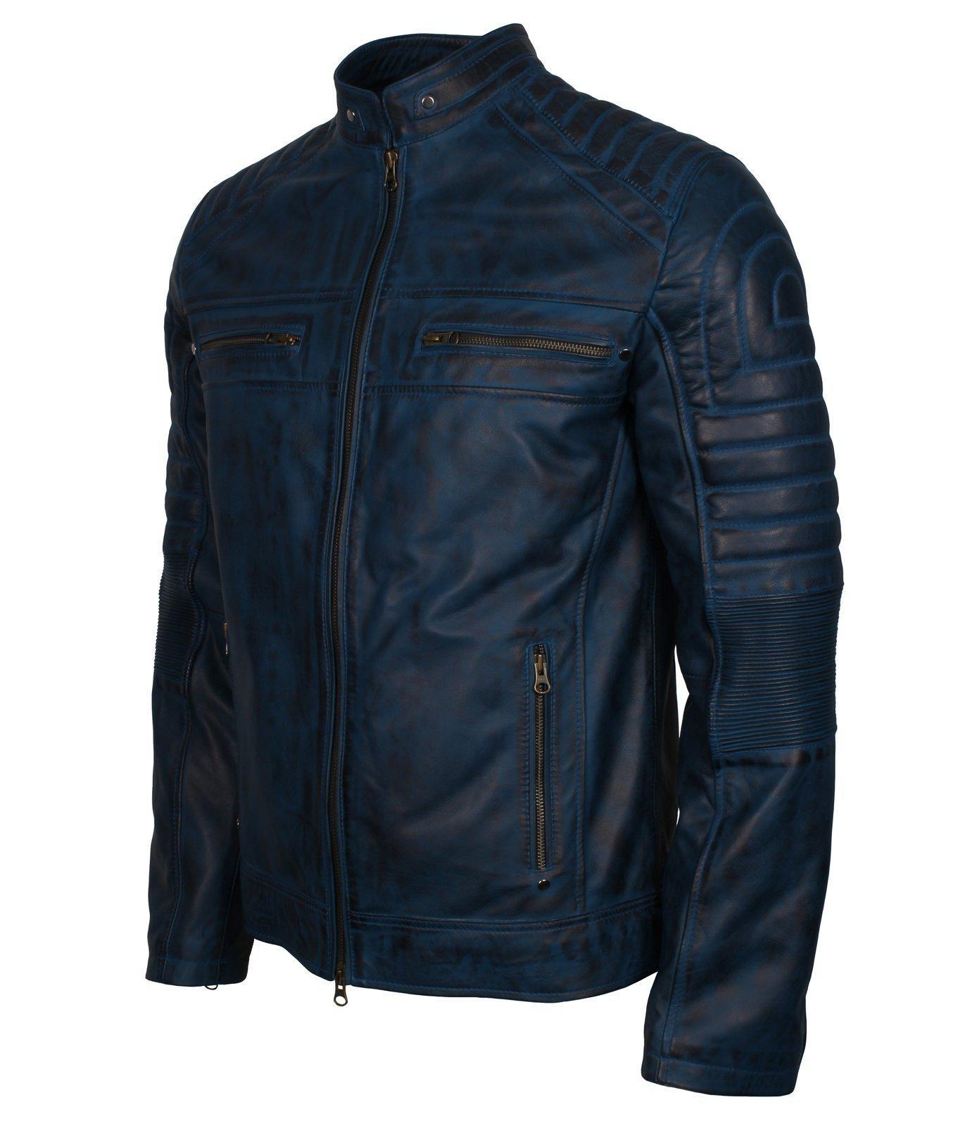 Motorcycle Racing Navy Blue Leather Jacket 