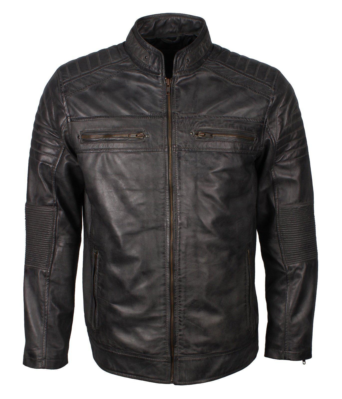 Men Casual Cafe Racer Black Trucker Tan Leather Jacket Men Casual Cafe Racer Black Trucker Tan Leather Jacket