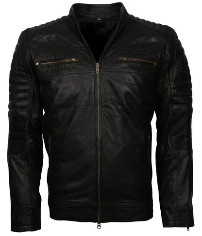 Men's Leather Jacket Black Biker Motorcycle Real Sheepskin Slim Fit  Cafe Racer