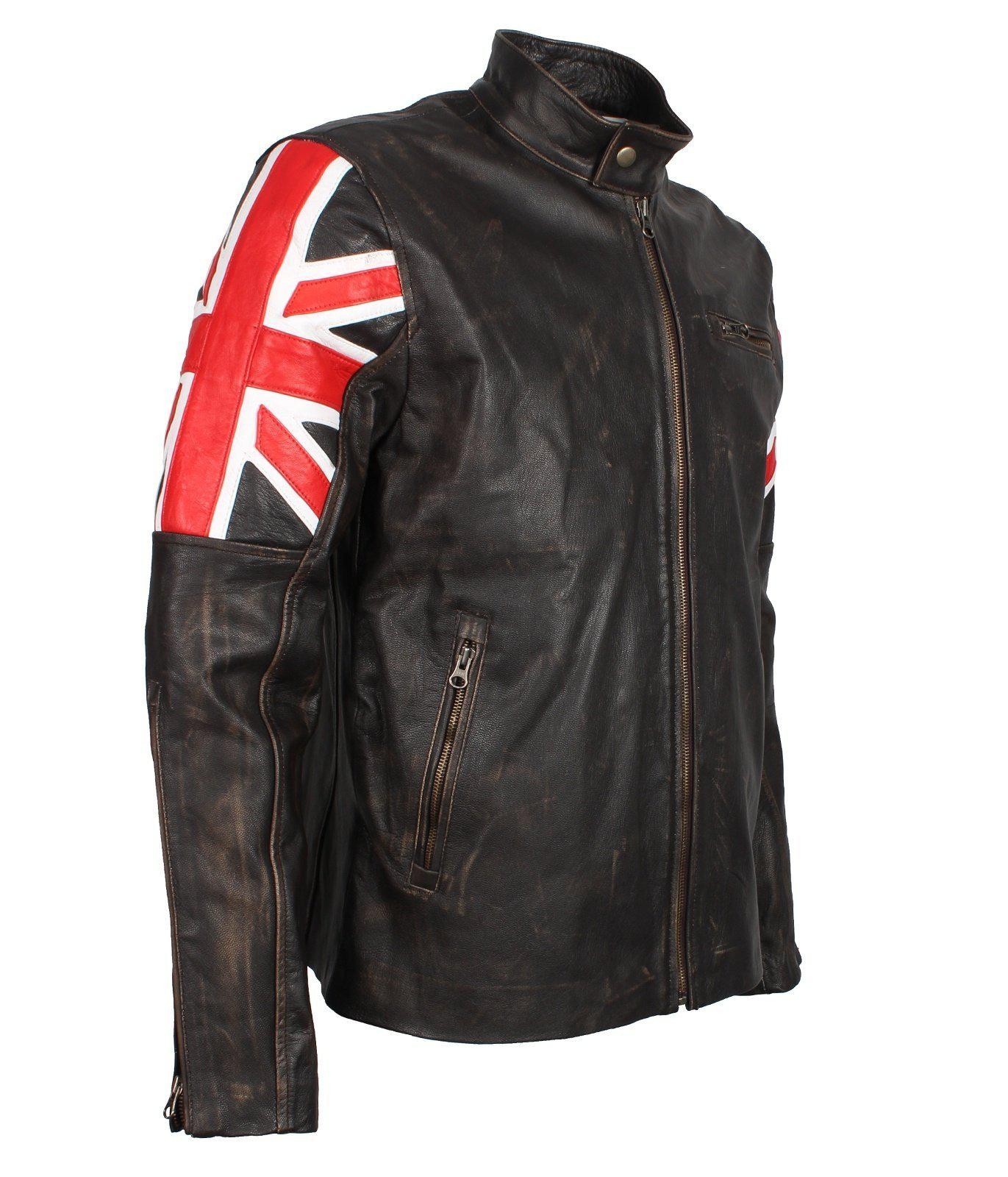 Buy UK Flag Men's Biker Vintage Distressed Jacket