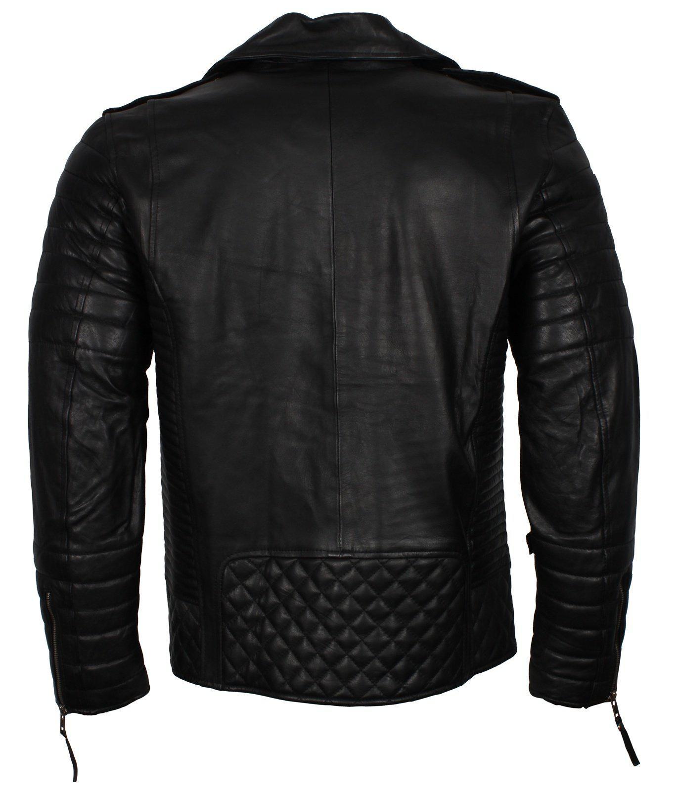 Black Leather Biker Jacket Diamond Pattern 