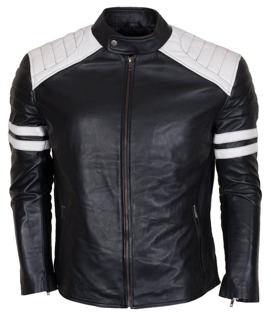 Black Cowhide Leather Padded Shoulders Moto Jacket