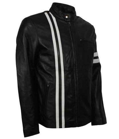 Classic Black with White stripes Leather Jacket