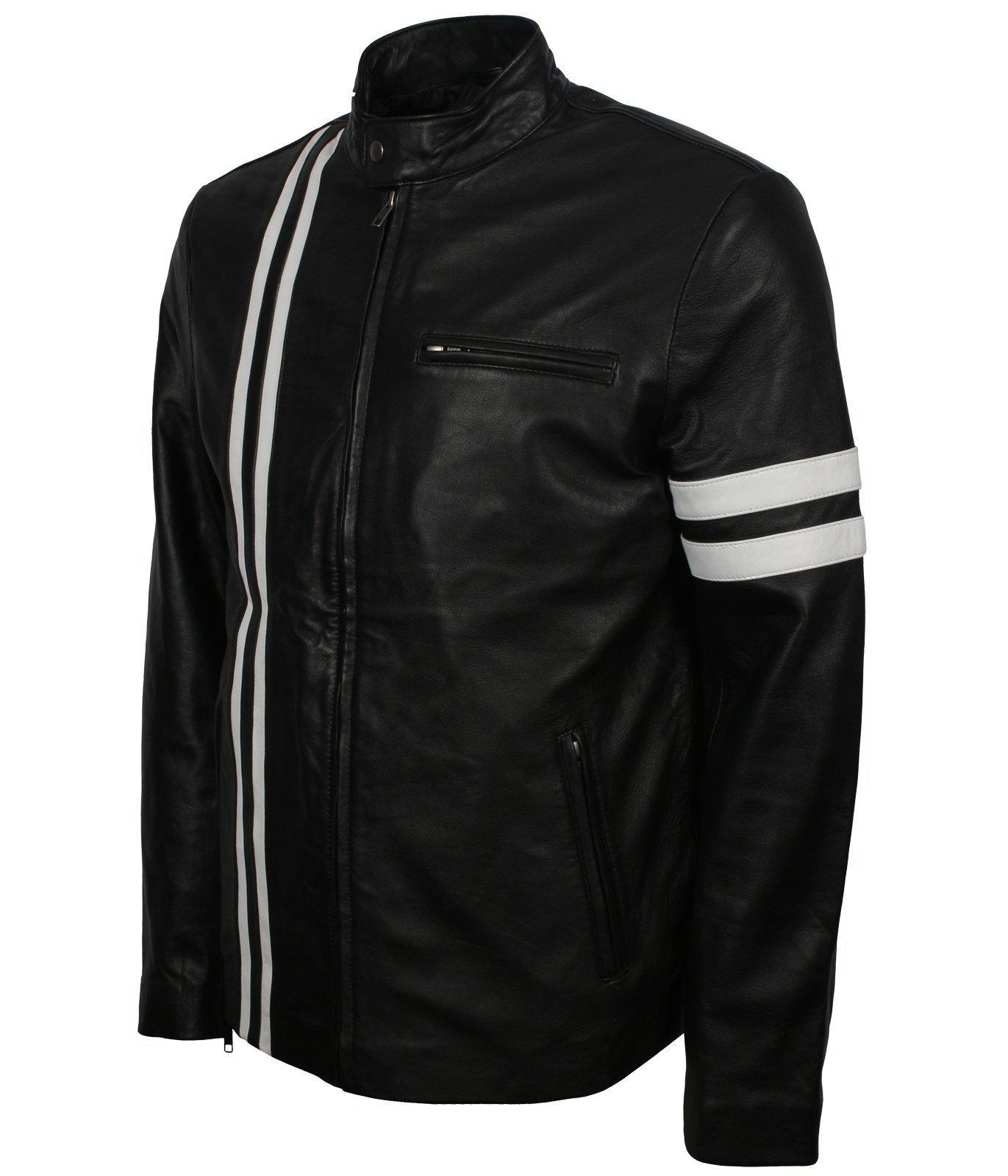 Black leather jacket with white cheap stripes