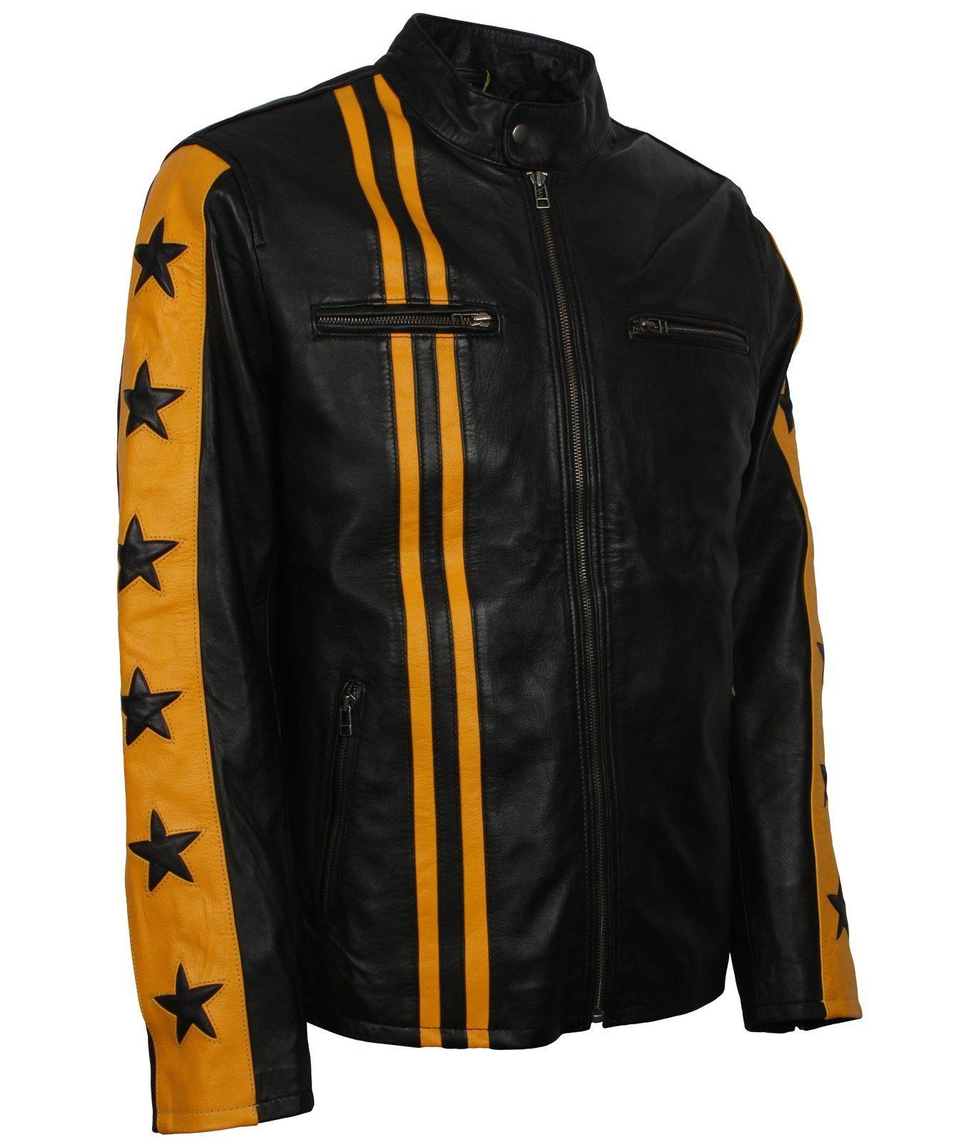 AlexGear Black and Yellow Leather Jacket with Stars and Stripes S Chest 39-40 INCHES99-102 cm / Black