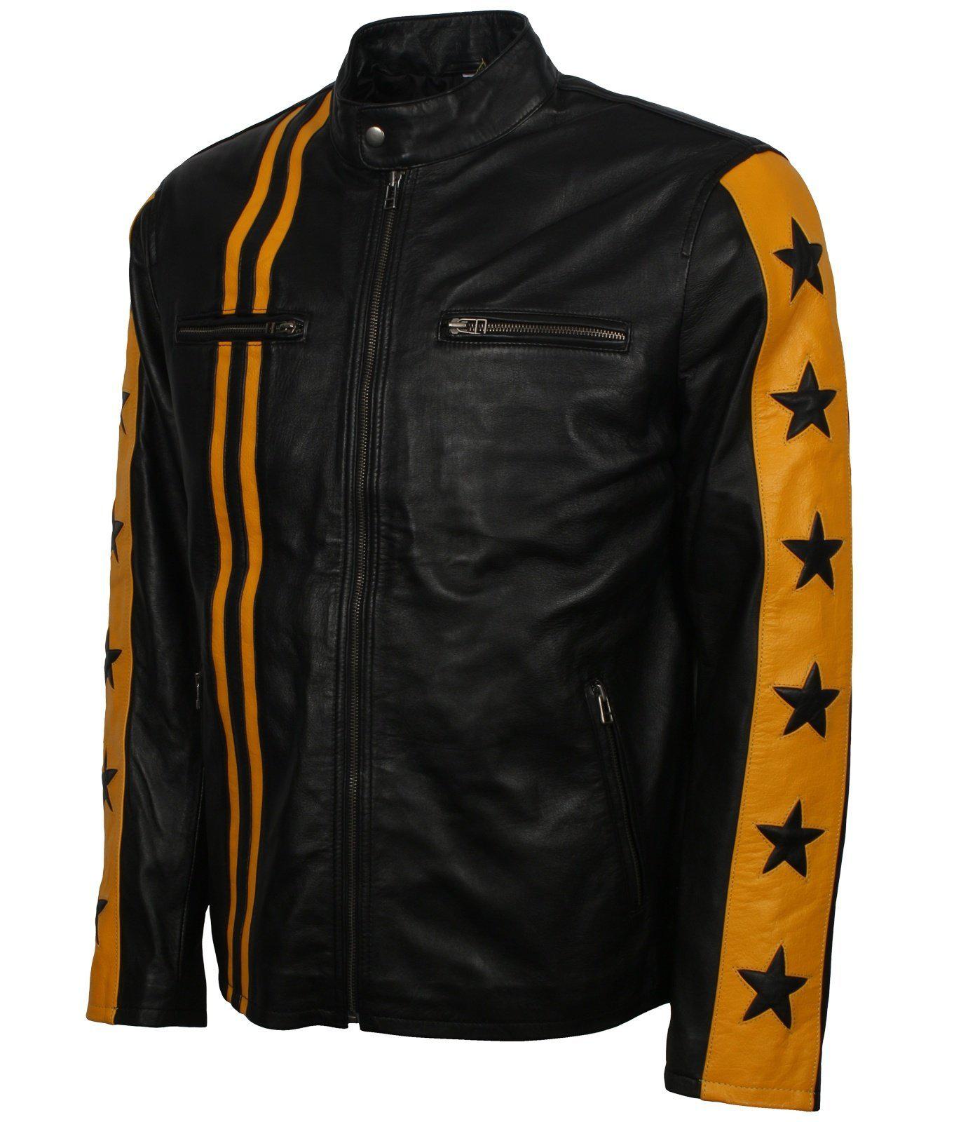 Men's Vintage Black Leather Motorcycle Jacket with Yellow Stripes