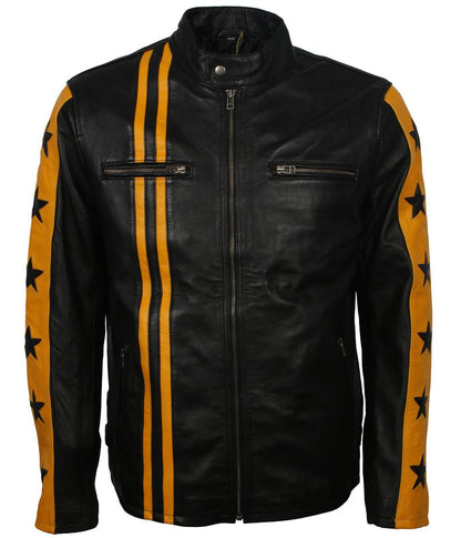 Black and Yellow Leather Jacket with Stars and Stripes