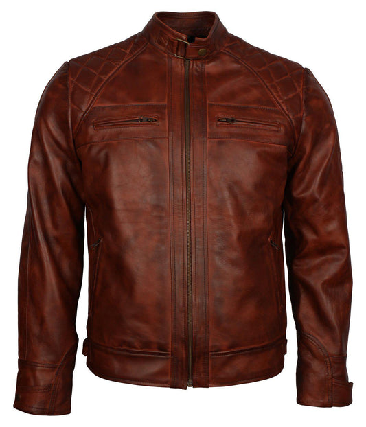 Cafe Racer Men's Brown Leather Jacket Diamond Quilted