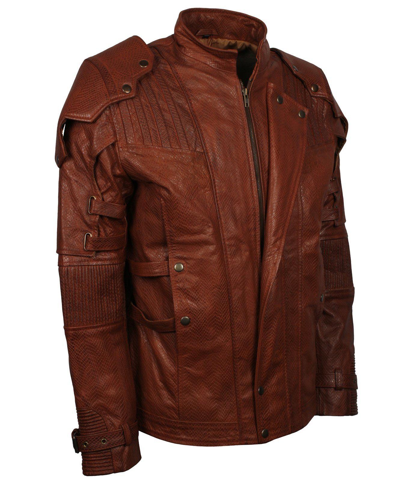 mens brown genuine leather guardian of the galaxy cosplay biker jacket 2