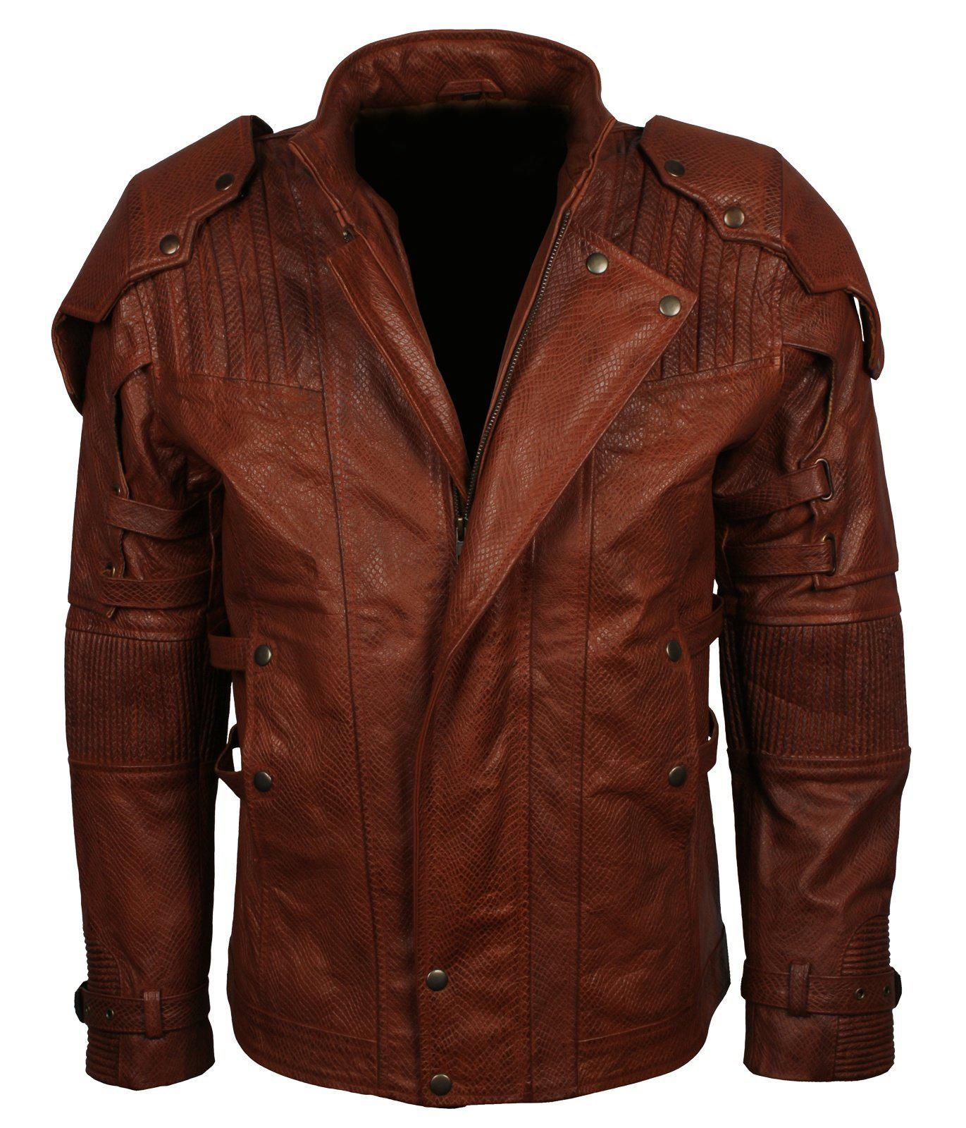 Men s Brown Galaxy Guardians Genuine Leather Cosplay Biker Jacket