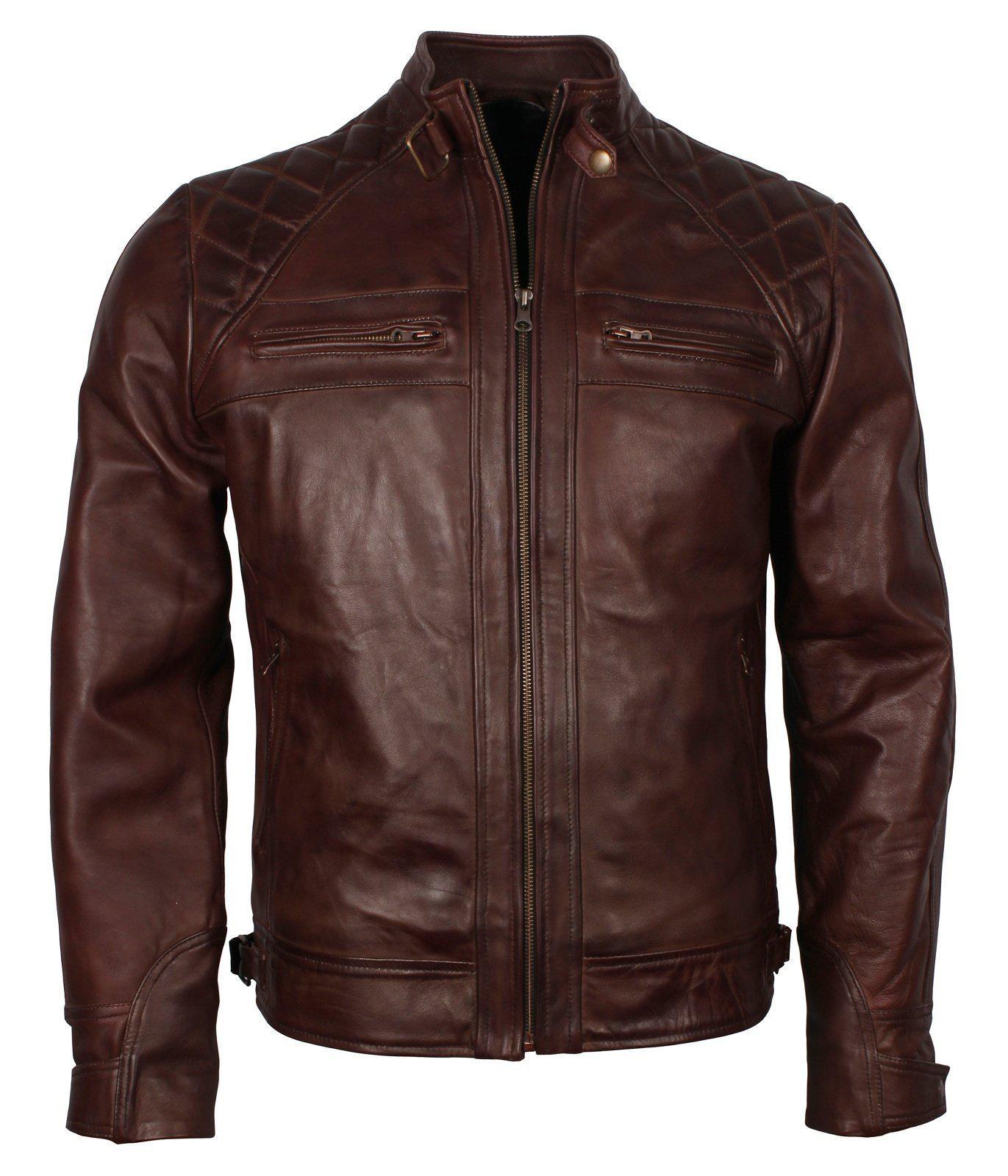 Men's Dark Brown Diamond Quilted Genuine Leather Motorcycle Jacket